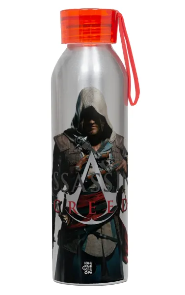 Assassin's Creed — Aluminum Sports Bottle 650ml – Silver with Red Cap and Silicone Strap