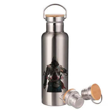 Assassin's Creed, Μεταλλικό παγούρι θερμός (Stainless steel) Ασημένιο με ξύλινο καπακι (bamboo), διπλού τοιχώματος, 750ml