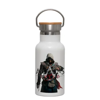 Assassin's Creed, Μεταλλικό παγούρι θερμός (Stainless steel) Λευκό με ξύλινο καπακι (bamboo), διπλού τοιχώματος, 350ml
