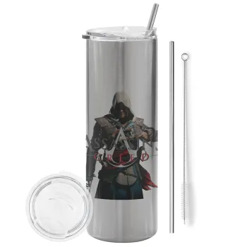 Assassin's Creed, Tumbler ποτήρι θερμό Ασημένιο από ανοξείδωτο ατσάλι 600ml, με μεταλλικό καλαμάκι & βούρτσα καθαρισμού