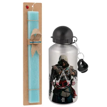 Assassin's Creed, Easter Set, metallic silver aluminum water bottle (500ml) & scented flat Easter candle (30cm) (TURQUOISE)