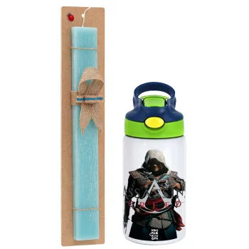 Assassin's Creed, Πασχαλινή Λαμπάδα με Παιδικό παγούρι θερμό, ανοξείδωτο, με καλαμάκι ασφαλείας, πράσινο/μπλε (350ml) & κερί αρωματικό πλακέ (30cm) (ΤΙΡΚΟΥΑΖ)