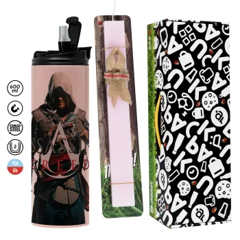Assassin's Creed, Easter candle,Travel Tumbler 2 Lids, with metal straw & cleaning brush & aromatic flat candle (30cm) (PINK)