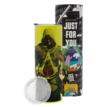 Assassin's Creed, Neon Yellow Travel Tumbler θερμό, μεταλλικό καλαμάκι(Ανωξείδωτο 304 Food grade, BPA free, 600ml)