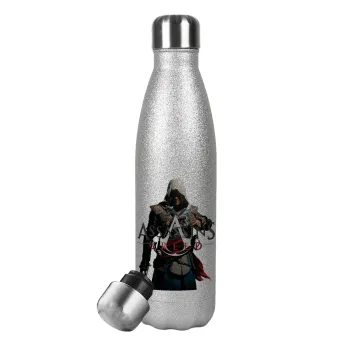 Assassin's Creed, Μεταλλικό παγούρι θερμός Glitter Aσημένιο (Stainless steel), διπλού τοιχώματος, 500ml