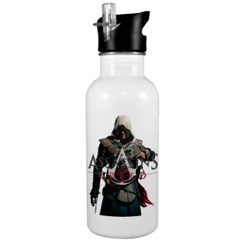Assassin's Creed, White water bottle with straw, stainless steel 600ml