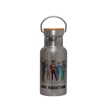 One Direction , Μεταλλικό παγούρι θερμός (Stainless steel) Ασημένιο με ξύλινο καπακι (bamboo), διπλού τοιχώματος, 350ml