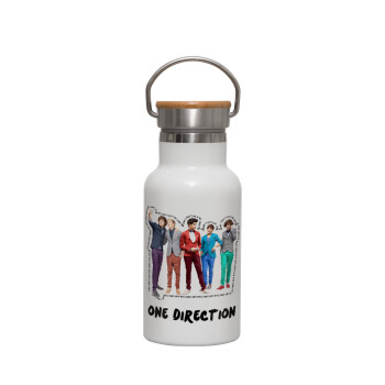 One Direction , Μεταλλικό παγούρι θερμός (Stainless steel) Λευκό με ξύλινο καπακι (bamboo), διπλού τοιχώματος, 350ml