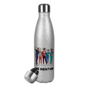 One Direction , Μεταλλικό παγούρι θερμός Glitter Aσημένιο (Stainless steel), διπλού τοιχώματος, 500ml