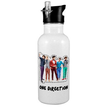 One Direction , White water bottle with straw, stainless steel 600ml