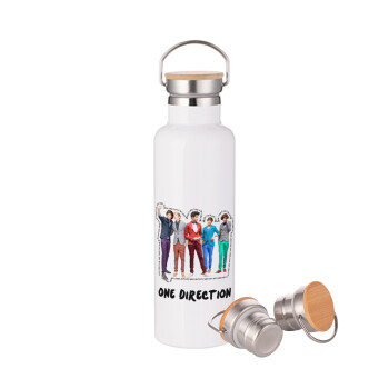One Direction , Μεταλλικό παγούρι θερμός (Stainless steel) Λευκό με ξύλινο καπακι (bamboo), διπλού τοιχώματος, 750ml