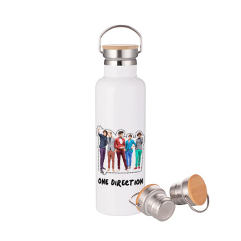 One Direction , Μεταλλικό παγούρι θερμός (Stainless steel) Λευκό με ξύλινο καπάκι (bamboo), διπλού τοιχώματος, 750ml