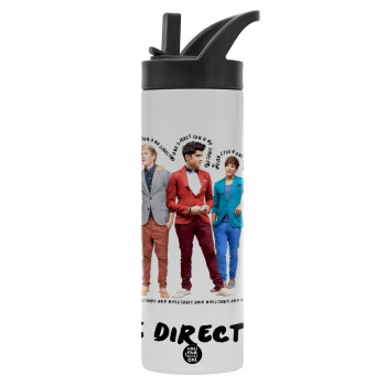 One Direction , Μεταλλικό παγούρι θερμός με καλαμάκι & χειρολαβή, ανοξείδωτο ατσάλι (Stainless steel 304), διπλού τοιχώματος, 600ml