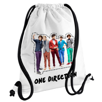 One Direction , Τσάντα πλάτης πουγκί GYMBAG λευκή, με τσέπη (40x48cm) & χονδρά κορδόνια