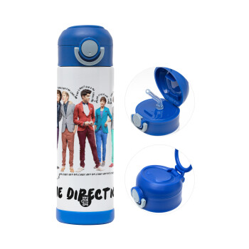 One Direction , Children's hot water bottle, stainless steel, with safety straw, BLUE (500ml)