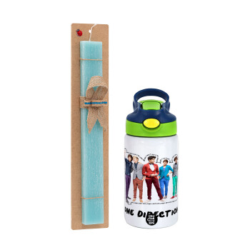 One Direction , Easter Set, Children's thermal stainless steel bottle with safety straw, green/blue (350ml) & aromatic flat Easter candle (30cm) (TURQUOISE)