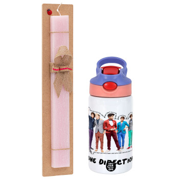 One Direction , Easter Set, Children's thermal stainless steel water bottle with safety straw, pink/purple (350ml) & Easter scented flat candle (30cm) (PINK)