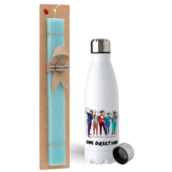 One Direction , Easter Set, metallic stainless steel water bottle (750ml) & aromatic flat Easter candle (30cm) (TURQUOISE)
