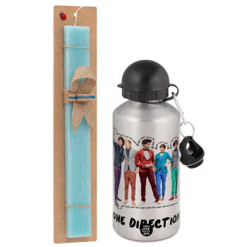 One Direction , Πασχαλινό Σετ, παγούρι μεταλλικό Ασημένιο αλουμινίου (500ml) & πασχαλινή λαμπάδα αρωματική πλακέ (30cm) (ΤΙΡΚΟΥΑΖ)