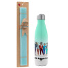 Easter Set, Metallic green/white thermos (Stainless steel), double-walled, 500ml & scented flat Easter candle (30cm) (TURQUOISE)