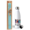 Easter Set, metallic stainless steel water bottle (750ml) & aromatic flat Easter candle (30cm) (TURQUOISE)