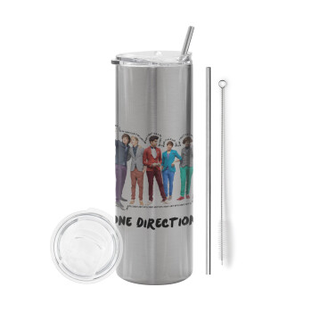 One Direction , Eco friendly ποτήρι θερμό Ασημένιο (tumbler) από ανοξείδωτο ατσάλι 600ml, με μεταλλικό καλαμάκι & βούρτσα καθαρισμού