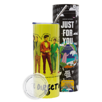 One Direction , Neon Yellow Travel Tumbler θερμό, μεταλλικό καλαμάκι(Ανωξείδωτο 304 Food grade, BPA free, 600ml)