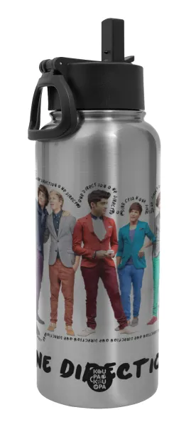 One Direction — Metal mug thermo Silver with Straw and Spout Lid (Stainless steel), double wall, 950ml