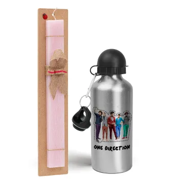 One Direction , Easter Set, metallic Silver aluminum water bottle (500ml) & scented flat Easter candle (30cm) (PINK)