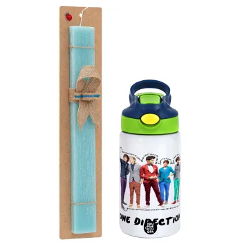 One Direction , Easter Set, Children's thermal stainless steel bottle with safety straw, green/blue (350ml) & aromatic flat Easter candle (30cm) (TURQUOISE)