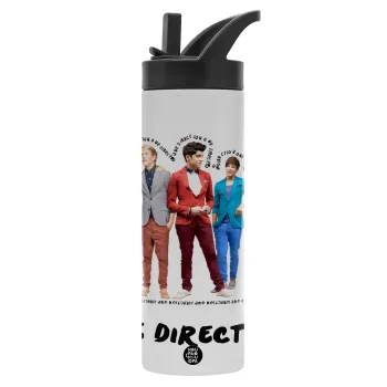 One Direction , Μεταλλικό παγούρι θερμός με καλαμάκι & χειρολαβή, ανοξείδωτο ατσάλι (Stainless steel 304), διπλού τοιχώματος, 600ml