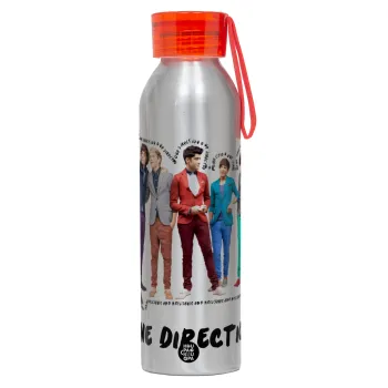 One Direction , Αλουμινένιο Αθλητικό Μπουκάλι 650ml – Ασημί με Κόκκινο Καπάκι και Λουράκι Σιλικόνης