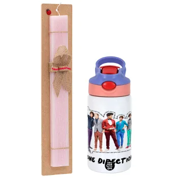 One Direction , Easter Set, Children's thermal stainless steel water bottle with safety straw, pink/purple (350ml) & Easter scented flat candle (30cm) (PINK)