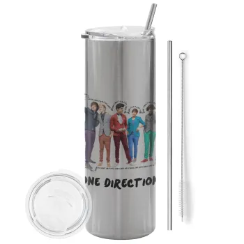 One Direction , Tumbler ποτήρι θερμό Ασημένιο από ανοξείδωτο ατσάλι 600ml, με μεταλλικό καλαμάκι & βούρτσα καθαρισμού