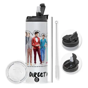 One Direction , Travel Tumbler θερμό με διπλό καπάκι, μεταλλικό καλαμάκι και βούρτσα καθαρισμού (Ανωξείδωτο 304 Food grade, BPA free, 600ml)