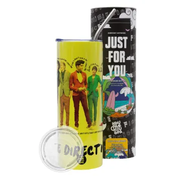 One Direction , Neon Yellow Travel Tumbler θερμό, μεταλλικό καλαμάκι(Ανωξείδωτο 304 Food grade, BPA free, 600ml)