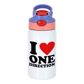 I Love, One Direction, Children's hot water bottle, stainless steel, with safety straw, pink/purple (350ml)