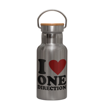 I Love, One Direction, Μεταλλικό παγούρι θερμός (Stainless steel) Ασημένιο με ξύλινο καπακι (bamboo), διπλού τοιχώματος, 350ml