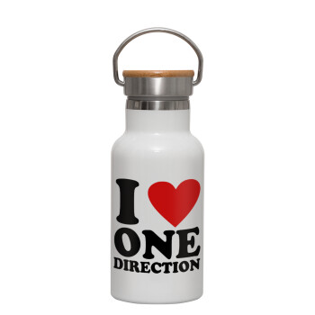 I Love, One Direction, Μεταλλικό παγούρι θερμός (Stainless steel) Λευκό με ξύλινο καπακι (bamboo), διπλού τοιχώματος, 350ml