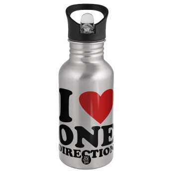 I Love, One Direction, Water bottle Silver with straw, stainless steel 500ml