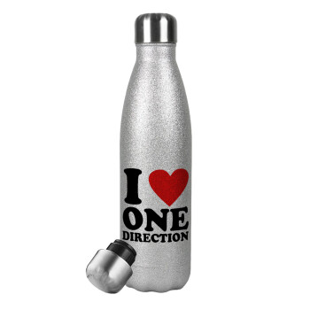 I Love, One Direction, Μεταλλικό παγούρι θερμός Glitter Aσημένιο (Stainless steel), διπλού τοιχώματος, 500ml
