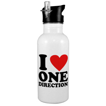 I Love, One Direction, White water bottle with straw, stainless steel 600ml