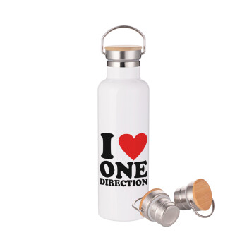 I Love, One Direction, Μεταλλικό παγούρι θερμός (Stainless steel) Λευκό με ξύλινο καπάκι (bamboo), διπλού τοιχώματος, 750ml