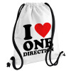 I Love, One Direction, Τσάντα πλάτης πουγκί GYMBAG λευκή, με τσέπη (40x48cm) & χονδρά κορδόνια