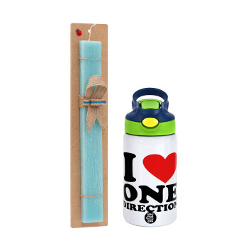 I Love, One Direction, Easter Set, Children's thermal stainless steel bottle with safety straw, green/blue (350ml) & aromatic flat Easter candle (30cm) (TURQUOISE)