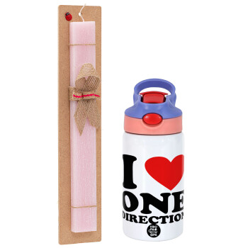 I Love, One Direction, Πασχαλινό Σετ, Παιδικό παγούρι θερμό, ανοξείδωτο, με καλαμάκι ασφαλείας, ροζ/μωβ (350ml) & πασχαλινή λαμπάδα αρωματική πλακέ (30cm) (ΡΟΖ)