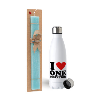 I Love, One Direction, Easter Set, metallic stainless steel water bottle (750ml) & aromatic flat Easter candle (30cm) (TURQUOISE)