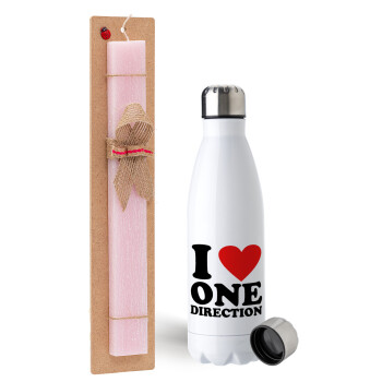 I Love, One Direction, Easter Set, metallic stainless steel water bottle (750ml) & scented flat Easter candle (30cm) (PINK)