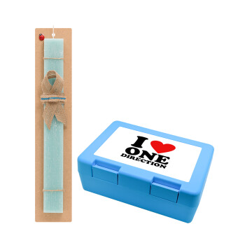 I Love, One Direction, Πασχαλινή Λαμπάδα με παιδικό δοχείο κολατσιού ΓΑΛΑΖΙΟ & κερί αρωματικό πλακέ (30cm) (ΤΙΡΚΟΥΑΖ)