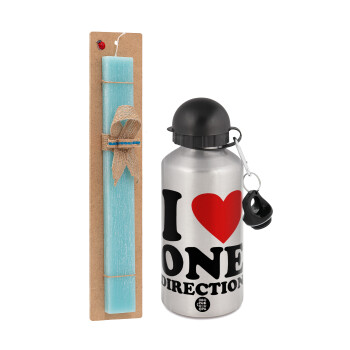 I Love, One Direction, Easter Set, metallic silver aluminum water bottle (500ml) & scented flat Easter candle (30cm) (TURQUOISE)
